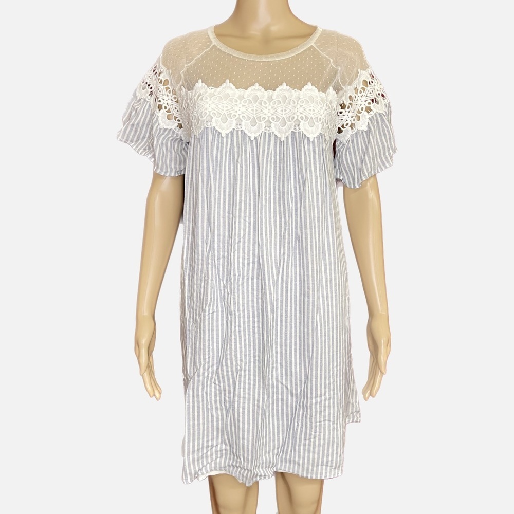 Hem & Thread Mesh Embroidered Pinstripe Mini Dress Medium